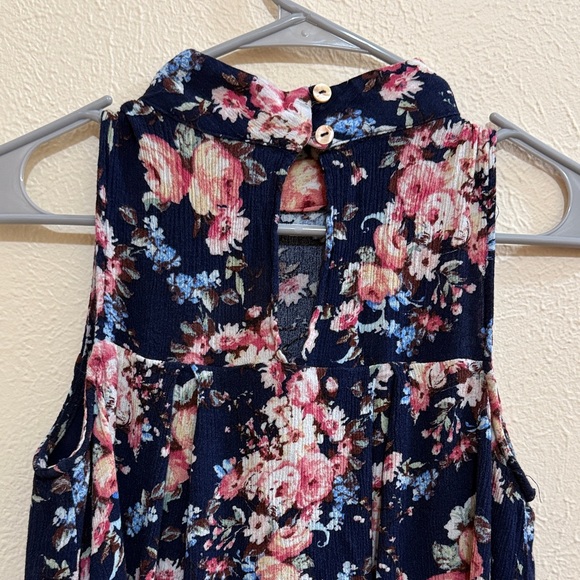 Floral Sleeveless Women's Dress - Navy and Pink High Neck - Picture 4 of 7
